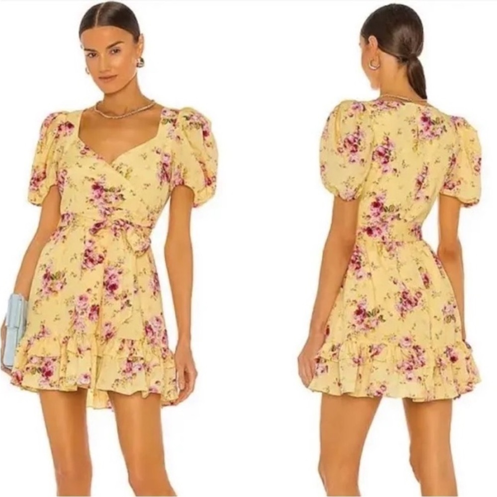 Likely | Mini Quinn Faux Wrap Puff Sleeve Dress in Snapdragon Size 0